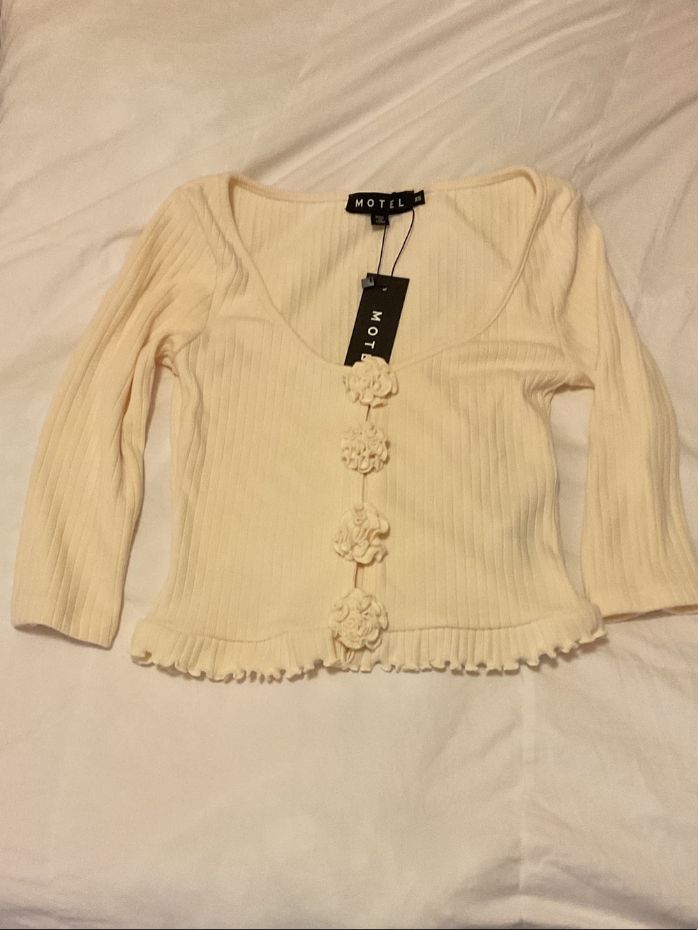 Motel Rocks Cream Ribbed Long-Sleeve Top with Flower Buttons